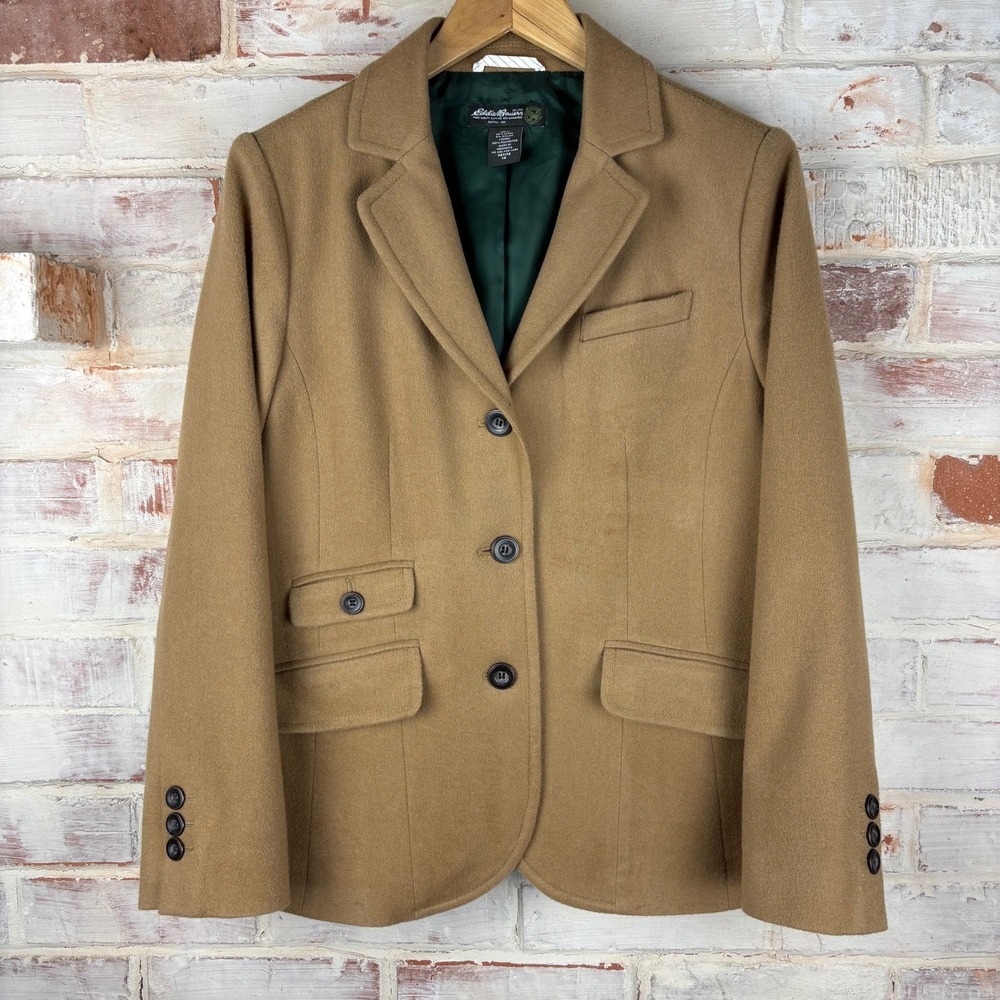 Vintage Eddie Bauer EST 1920 Wool Camel Blazer 14P Green Lining Equestrian Luxe